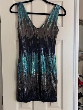 Frederick's of Hollywood Teal, Silver & Black Sequin V-Neck Mini Dress